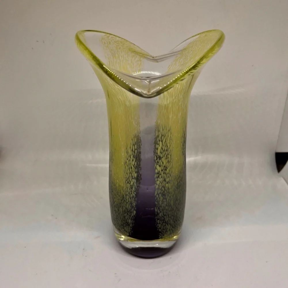 Teleflora Speckled Art Glass Vase Purple Green Flared Lip Hand Blown 8 Inch